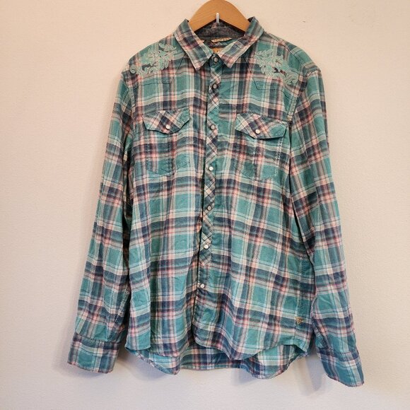 Vtg GUESS Pearl Snap Western Button Up Long Green Plaid Embroidered Men Xl - Picture 1 of 16
